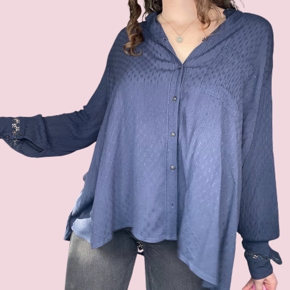 Free People Long Sleeve Button Down Crochet Blouse 100% Soft Rayon - Picture 9 of 12